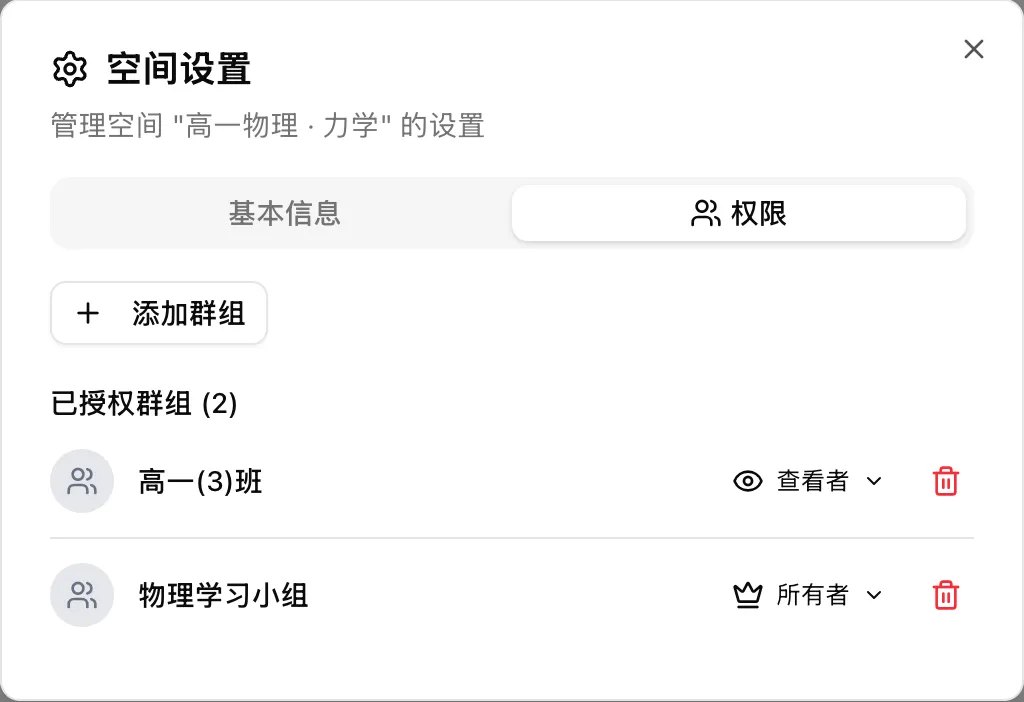 空间设置的「权限」标签：在这里把空间授权给群组，并管理已授权的群组
