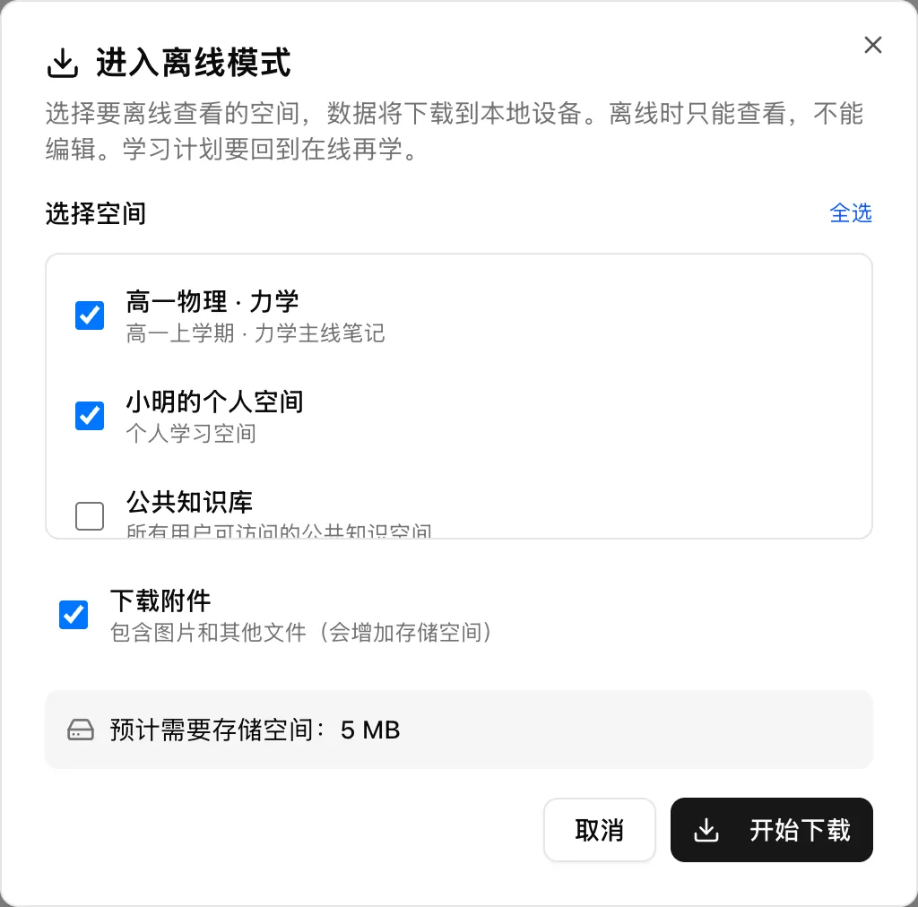 「进入离线模式」对话框：选好空间，看一眼预计大小，再开始下载